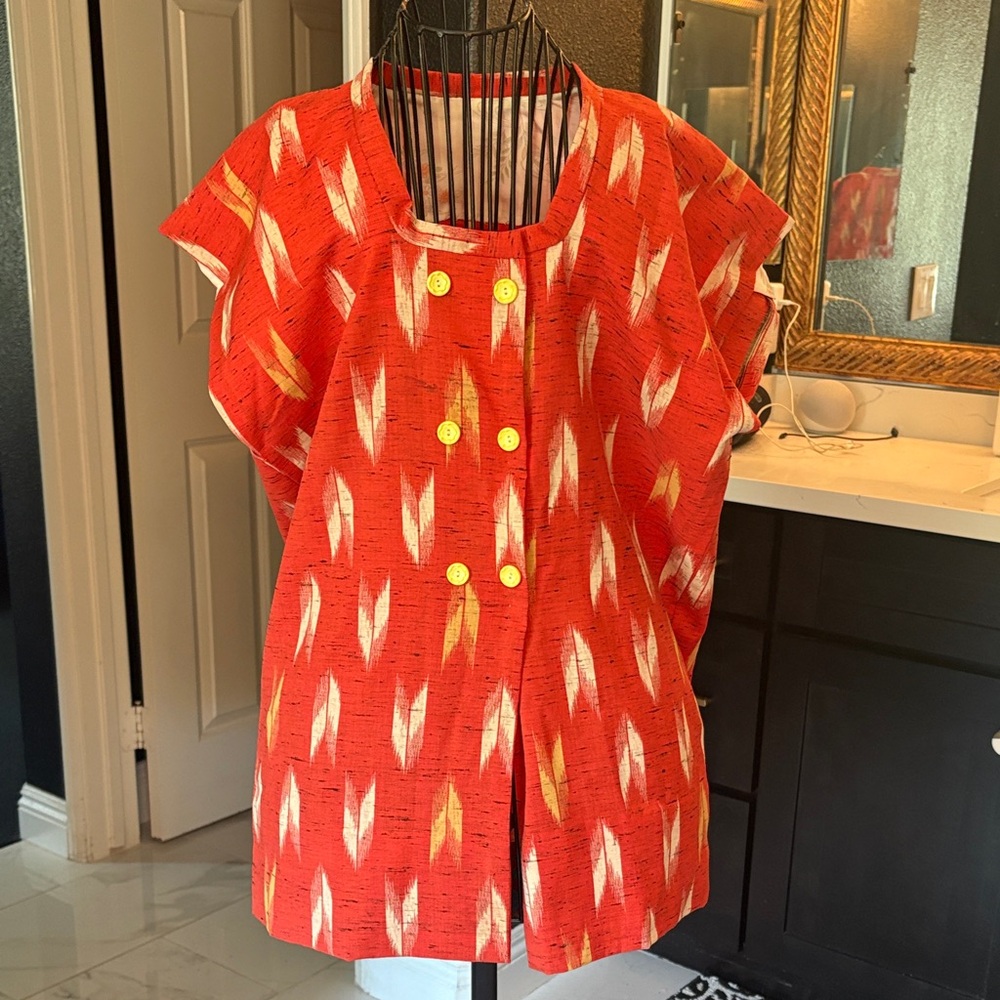 Vintage Red Yellow Buttoned Tunic mid-century atomic mod tiki volcanic top